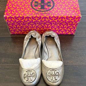 Tory Burch Metallic Pewter Logo Ballet Flats